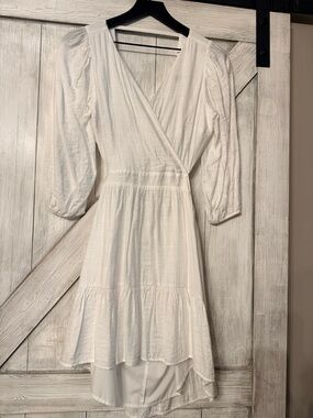 Express White Puff-Sleeve Wrap High-Low Dress